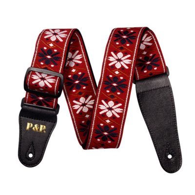 Sangle guitare Vintage fleurs et motifs rouge