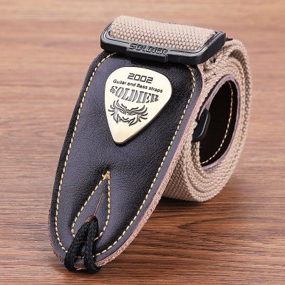 Sangle guitare classique électrique kaki avec tête en cuir