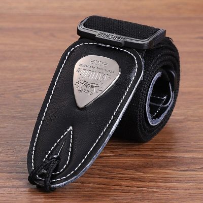 Sangle guitare classique électrique noir avec tête en cuir