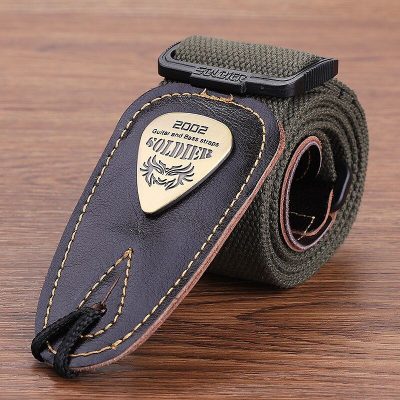Sangle guitare classique électrique kaki avec tête en cuir