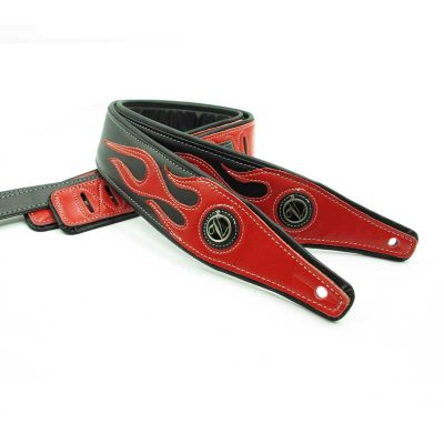 Sangle guitare en cuir pour basses couleur noir motif flamme rouge