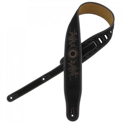 Sangle guitare en cuir noir brodée motif fleur