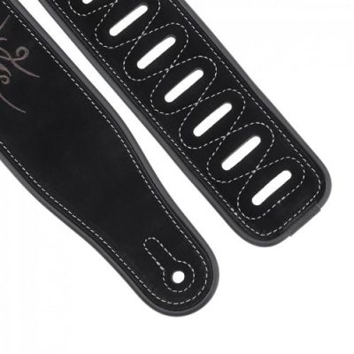 Sangle guitare en cuir noir brodée motif fleur