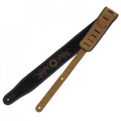 Sangle guitare en cuir noir brodée motif fleur