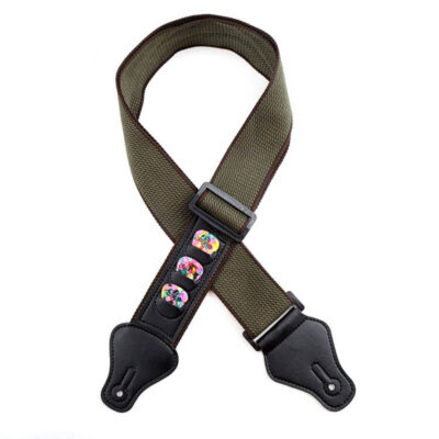 Sangle de guitare en coton de haute qualité longueur réglable - avec poche port 3 médiators - Kaki