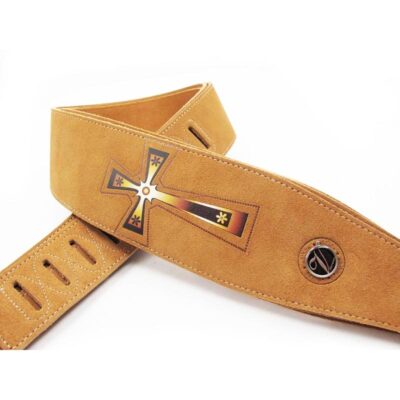 Sangle de guitare en cuir à deux couches de haute qualité - avec motif croix - beige