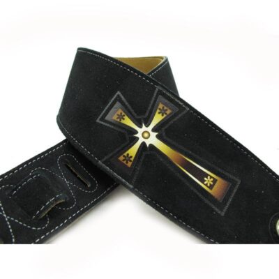 Sangle de guitare en cuir à deux couches de haute qualité - avec motif croix - Noir