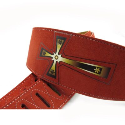 Sangle de guitare en cuir à deux couches de haute qualité - avec motif croix - rouge
