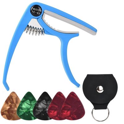 Capodastre de guitare acoustique et électrique - avec 5 médiators ET Porte médiator inclus couleur bleu