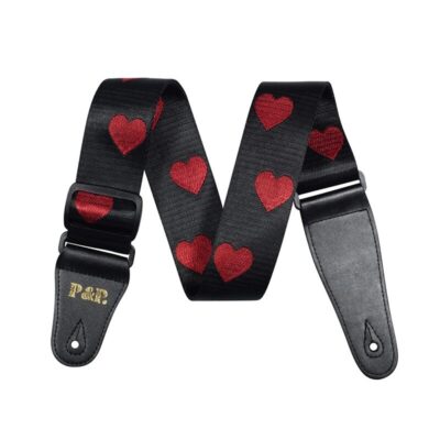 Sangle de guitare acoustique en coton brodée coeurs rouge