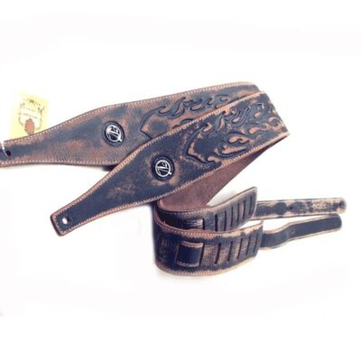 Sangle de guitare ou basse en cuir de vache noir motif flamme sclpté flamme couleur cuir de vache