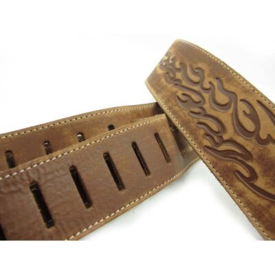Sangle de guitare ou basse en cuir de vache noir motif flamme sclpté flamme couleur marron
