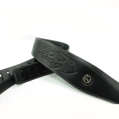 Sangle de guitare ou basse en cuir de vache noir motif flamme sclpté flamme couleur noir