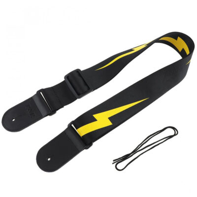 Sangle pour guitare avec motif de foudre éclair de couleur jaune avec tête en cuir