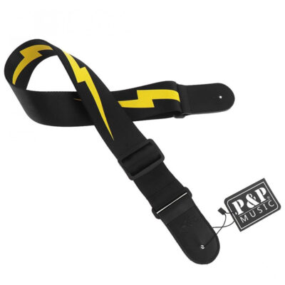 Sangle pour guitare avec motif de foudre éclair de couleur jaune avec tête en cuir véritable