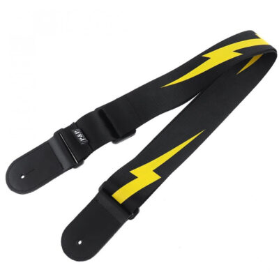 Sangle réglable pour guitare avec motif de foudre éclair de couleur jaune avec tête en cuir