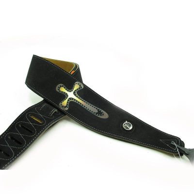 Sangle de guitare acoustique en cuir à deux couches avec motif croix - noir