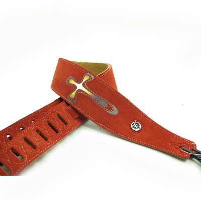 Sangle de guitare acoustique en cuir à deux couches avec motif croix - rouge