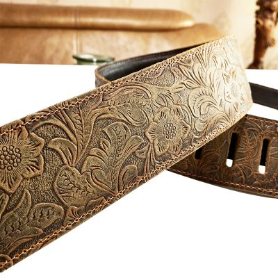 Sangle en cuir marron gaufré pour guitare folk