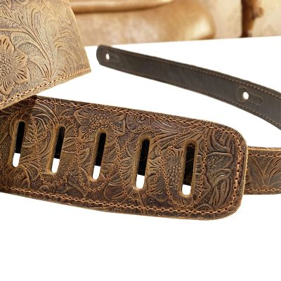 Sangle guitare en cuir marron gaufré pour guitare folk