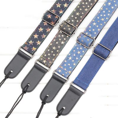 Sangle ukulélé en denim et stars dorées