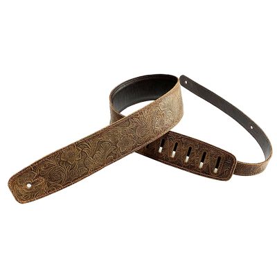 vue complète sangle en cuir marron gaufré pour guitare folk