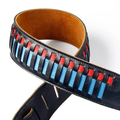 Sangle en cuir ajouré bleu et rouge