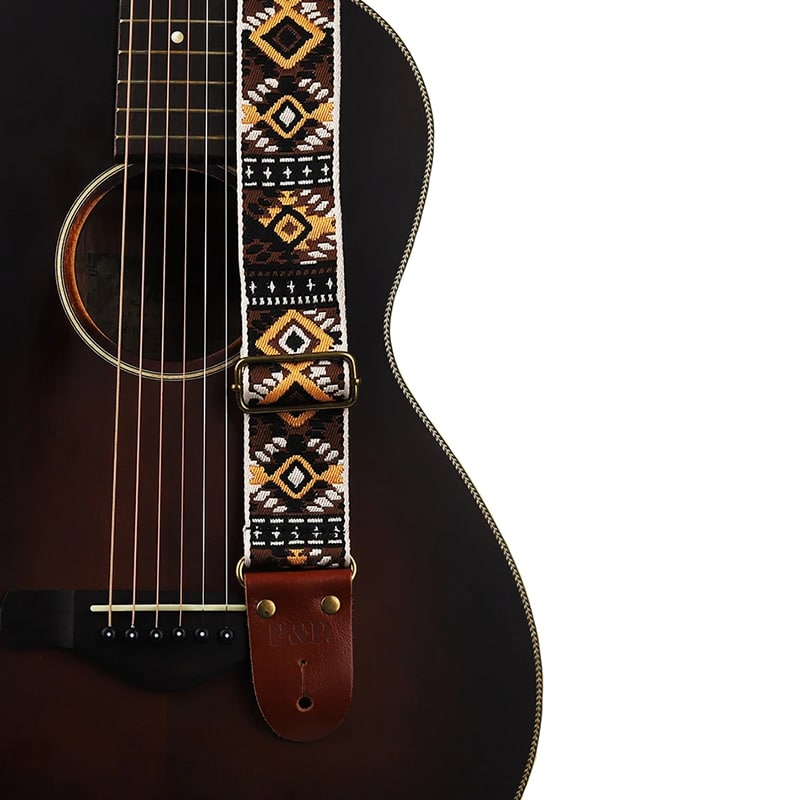Pour guitare accoustique: Sangle modèle ethnique : brun foncé, touches dorés
