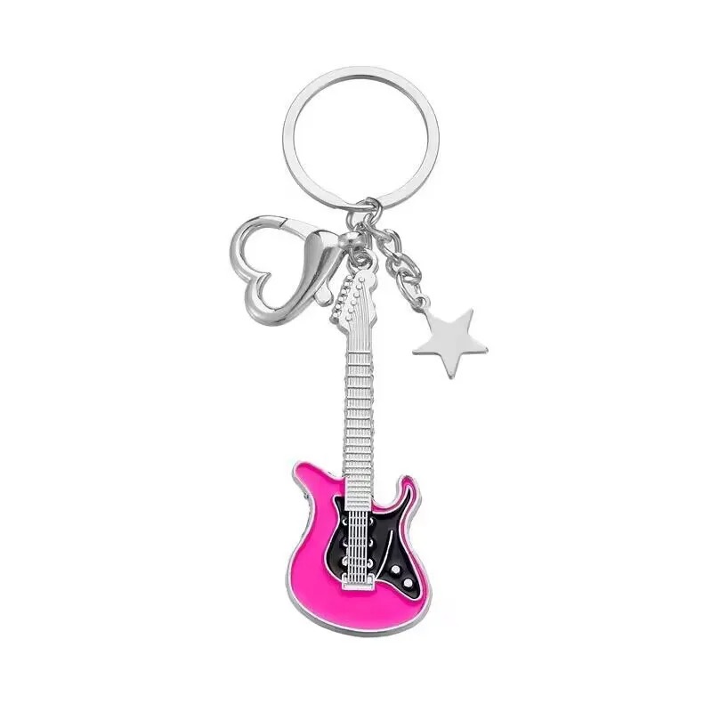 Porte-clés guitare électrique - breloques star et mousquetons cœur - rose