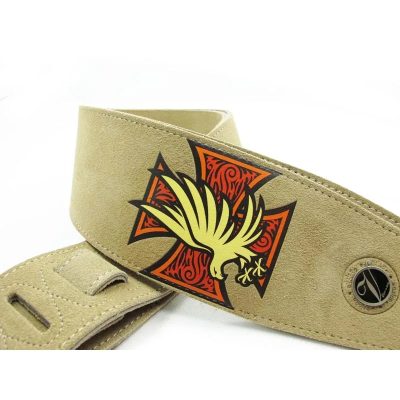 Sangle de guitare en cuir et daim motif croix de fer et aigle - couleur beige