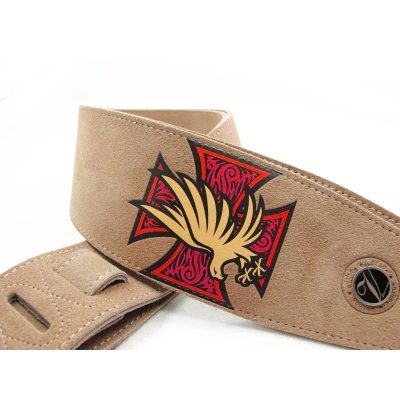 Sangle de guitare en cuir et daim motif croix de fer et aigle - couleur marron