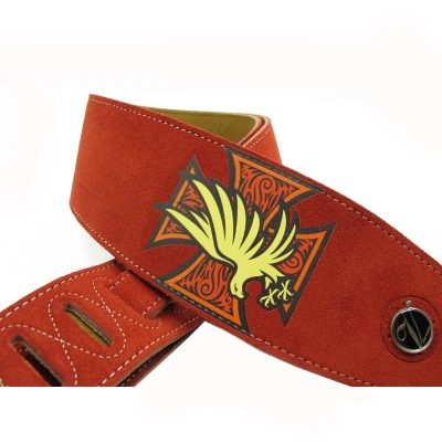Sangle de guitare en cuir et daim motif croix de fer et aigle - couleur rouge