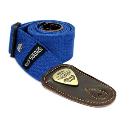 Sangle de guitare en coton extrémités cuir petit motif Croix - couleur bleu