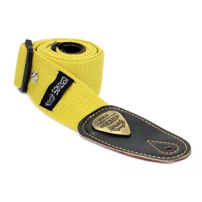 Sangle de guitare en coton extrémités cuir petit motif Croix - couleur jaune