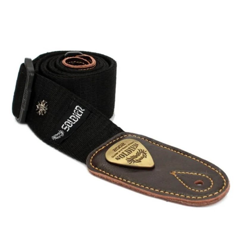 Sangle de guitare en coton extrémités cuir petit motif Croix - couleur noir