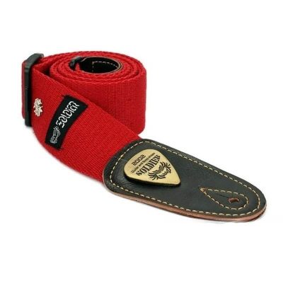 Sangle de guitare en coton extrémités cuir petit motif Croix - couleur rouge