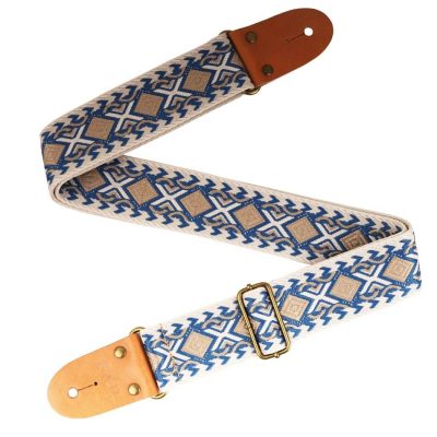 Sangle guitare classique réglable en coton brodé motif éthnique couleur bleu