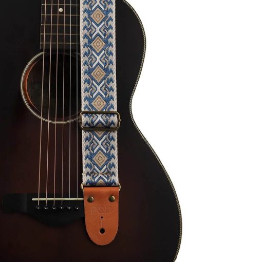 Sangle guitare classique réglable en coton brodé motif éthnique - couleur bleu cile