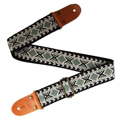 Sangle guitare classique réglable en coton brodé motif éthnique - couleur vert