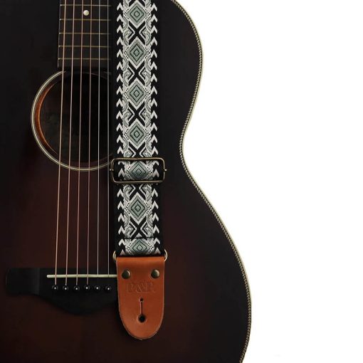 Sangle guitare classique réglable en coton brodé motif éthnique couleur vert menthe