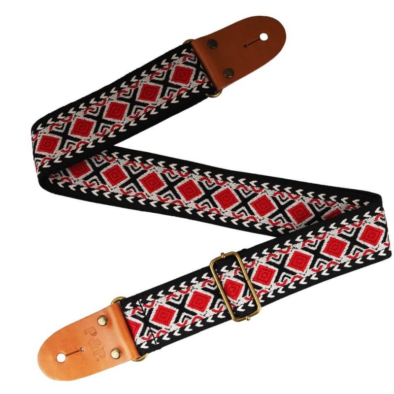 Sangle guitare classique réglable en coton brodé motif éthnique rouge