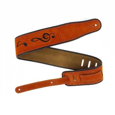 Vue complète Sangle de Guitare en Daim beige motif Notes de Musiques