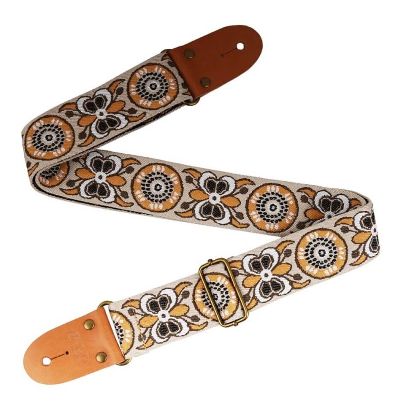 détail Sangle guitare classique réglable en coton brodé motif Papillon - couleur Jaune