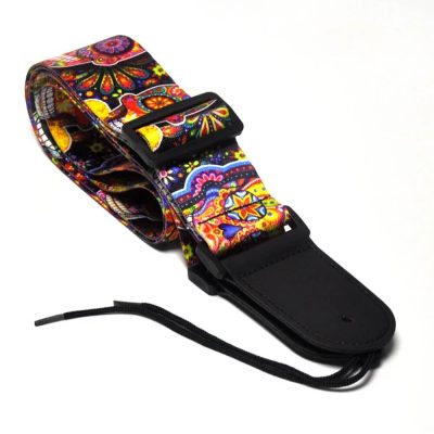 détails Sangle de guitare tête de mort en polyester SAnta Muerte noir et jaune