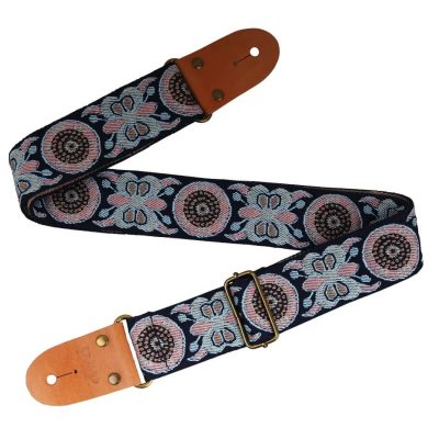 détails Sangle guitare classique réglable en coton brodé motif Papillon - couleur bleu