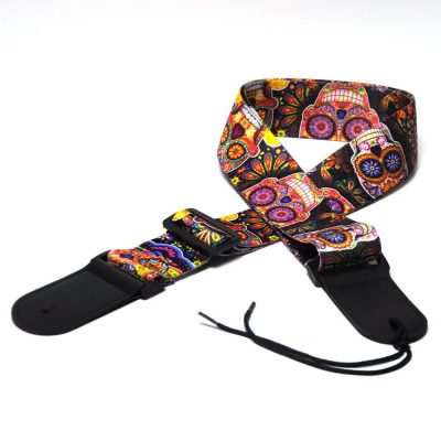vue complète Sangle de guitare tête de mort en polyester SAnta Muerte noir et jaune