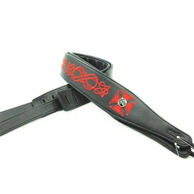 vue complète Sangle pour Guitare Basse Cuir brodé Motif Croix de Fer
