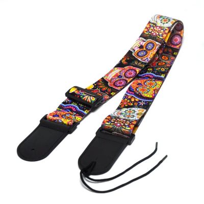 vue ensemble Sangle de guitare tête de mort en polyester SAnta Muerte noir et jaune