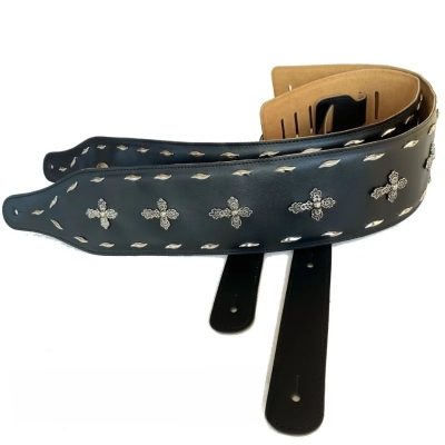 Sangle de Guitare en Cuir avec Conchos et Croix pour Rock et Metal - modèle 1