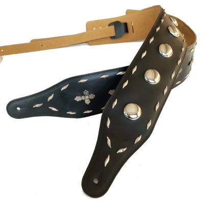Sangle de Guitare en Cuir avec Conchos et Croix pour Rock et Metal - modèle 2